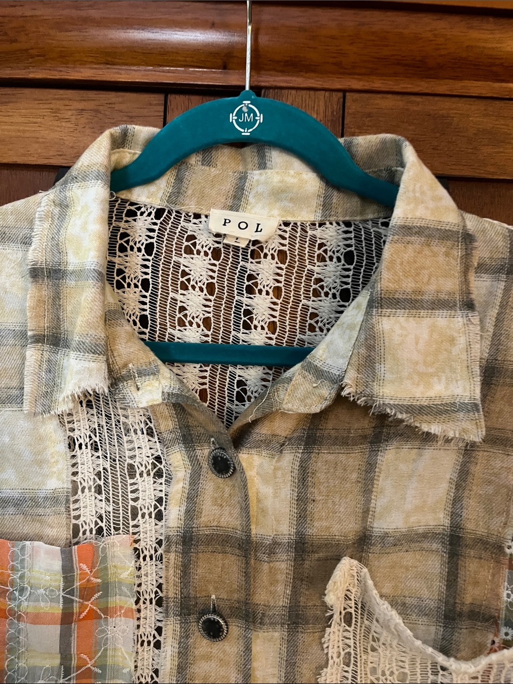 POL Plaid & Lace Patchwork Button-Up Shirt - Beige-Orange-Cream w/Open Lace - Picture 3 of 14